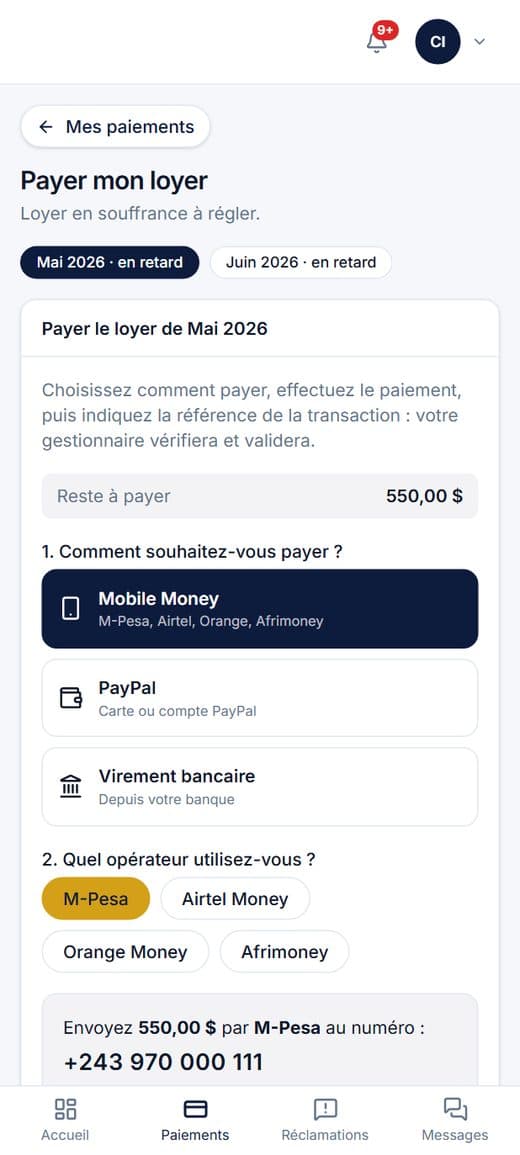 Le locataire choisit son opérateur Mobile Money et paie son loyer